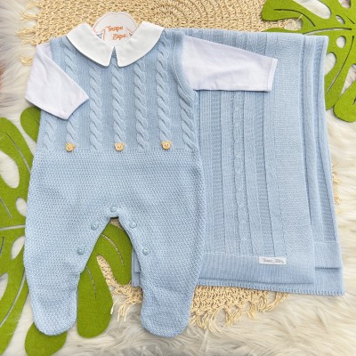  Saída de Maternidade Henry Salopete - Azul Bebê Manta Trança